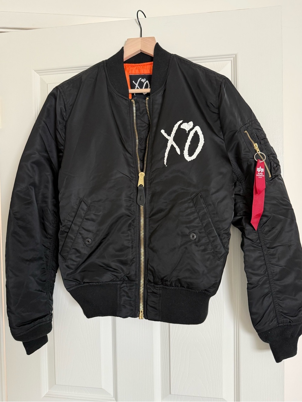 LIMITED EDITION WEEKND MERCH  Black Bomber Jacket with Contrast Orange Lining